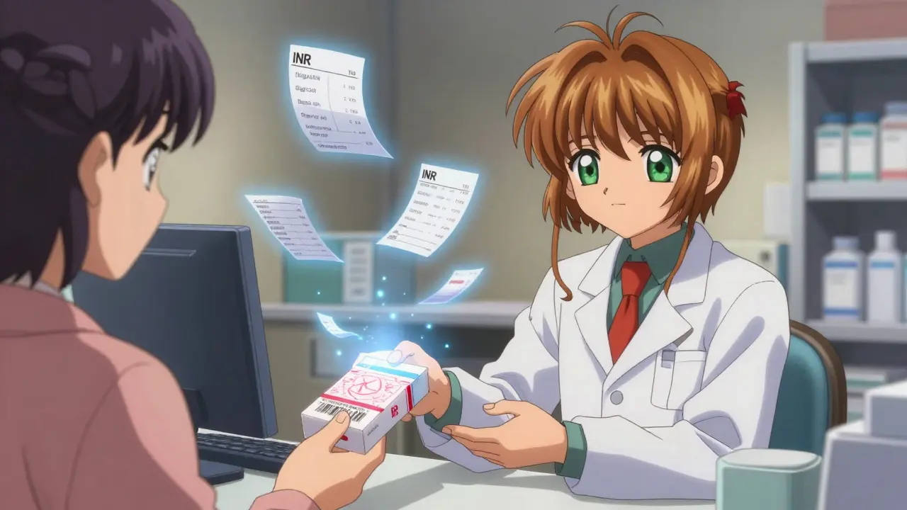 A pharmacist hands a prescription with glowing BX warning runes, lab results drifting nearby.