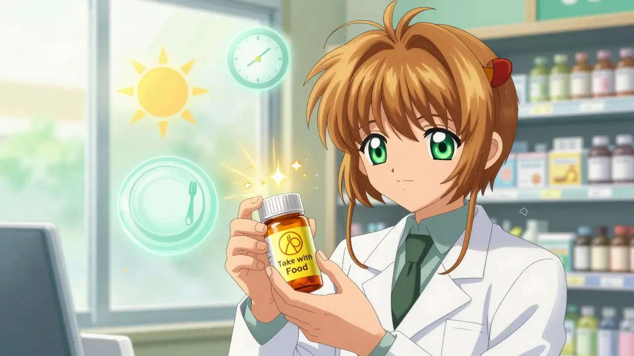 A pharmacist places a yellow 'Take with Food' sticker on a bottle, sunlight and food icons glowing nearby.