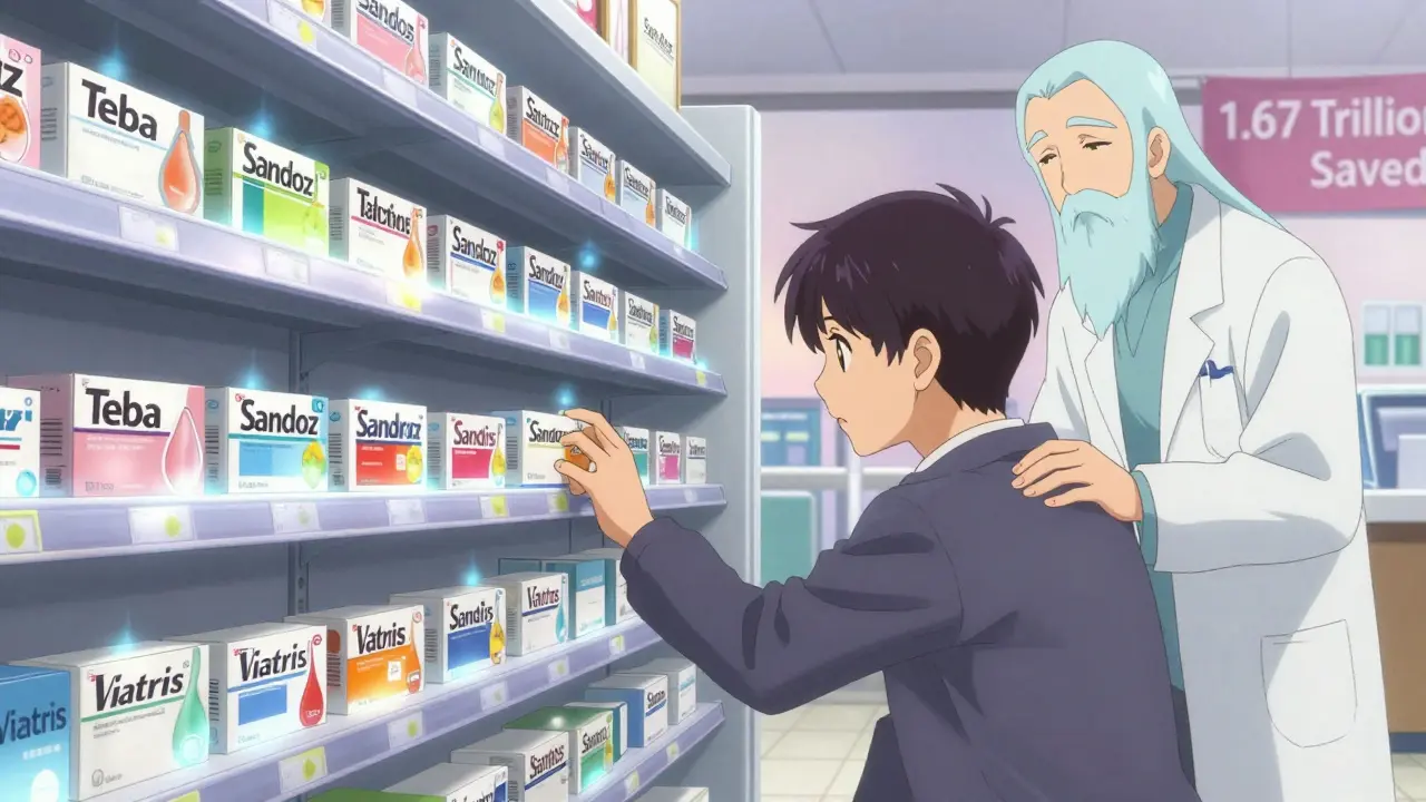 A pharmacy shelf with generic drug boxes glows softly as a wise spirit comforts a patient.