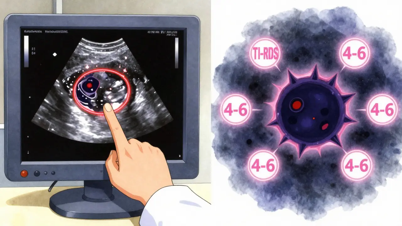 A radiologist analyzing a suspicious thyroid nodule with glowing warning signs and TI-RADS runes in magical anime style.