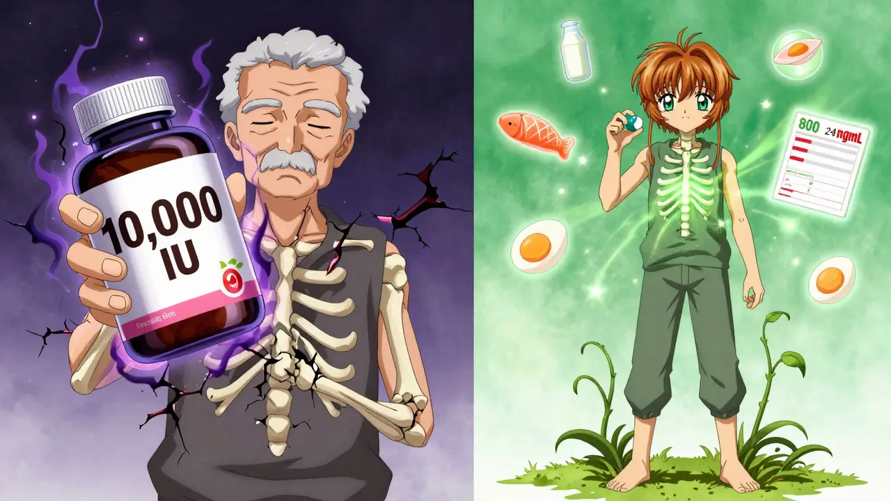An elderly person with weakening bones on one side, and strong bones with food symbols on the other, symbolizing proper vitamin D use.