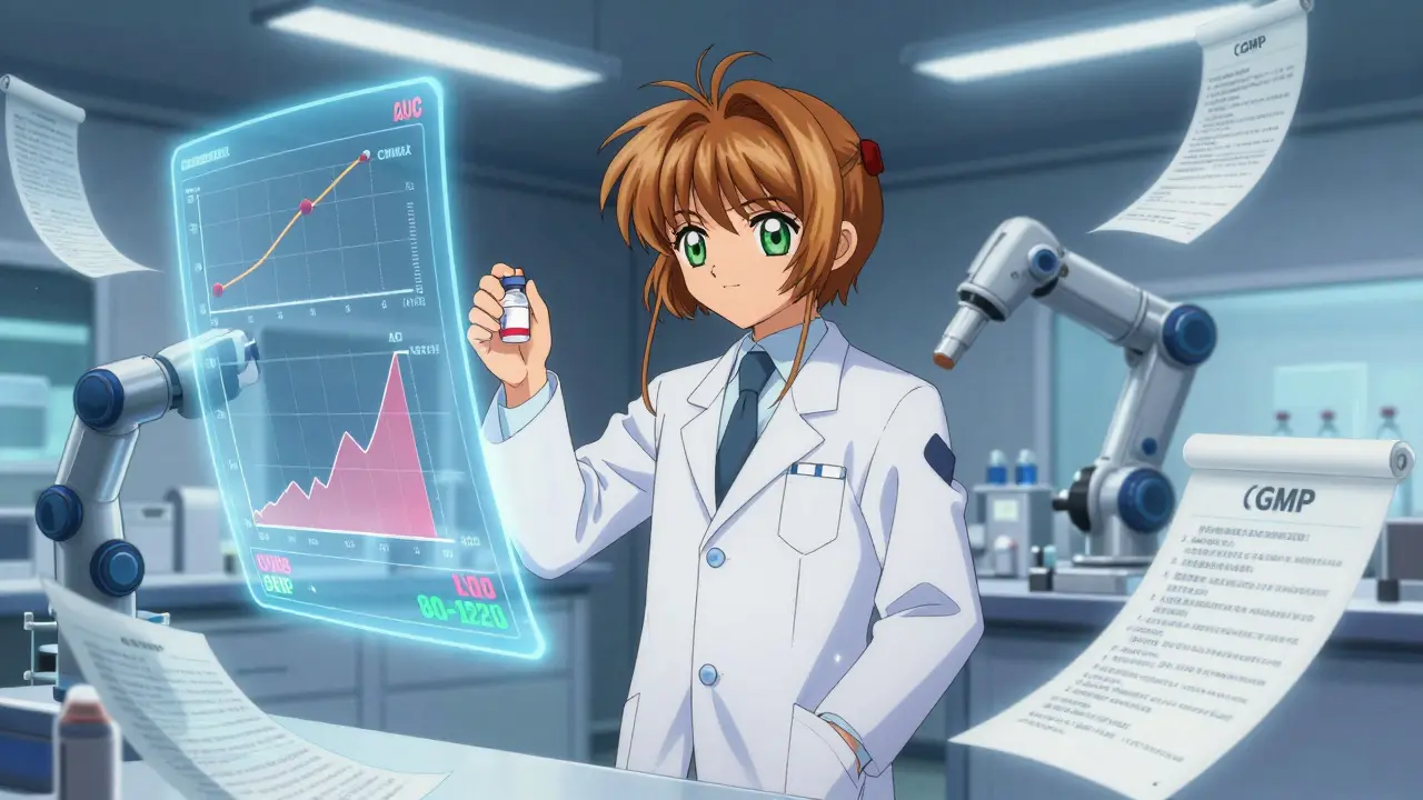 An FDA inspector in a lab surrounded by floating bioequivalence data and regulatory scrolls, in Cardcaptor Sakura style.