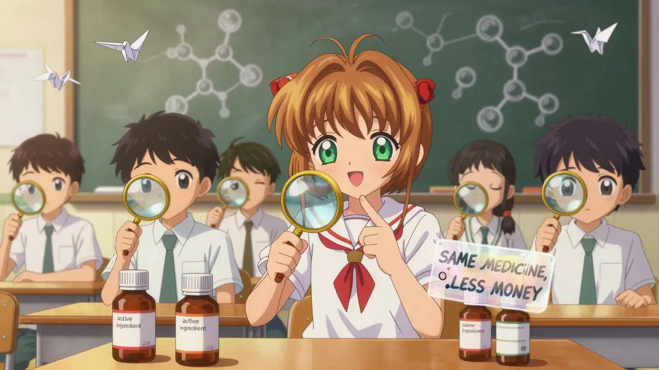 Children use magnifying glasses to examine medicine labels in a classroom, discovering active ingredients.