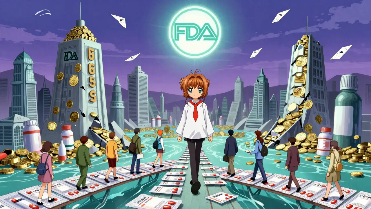Crumbling brand-name drug towers transform into rivers of coins as patients walk on bridges of generic pills under a glowing FDA seal.