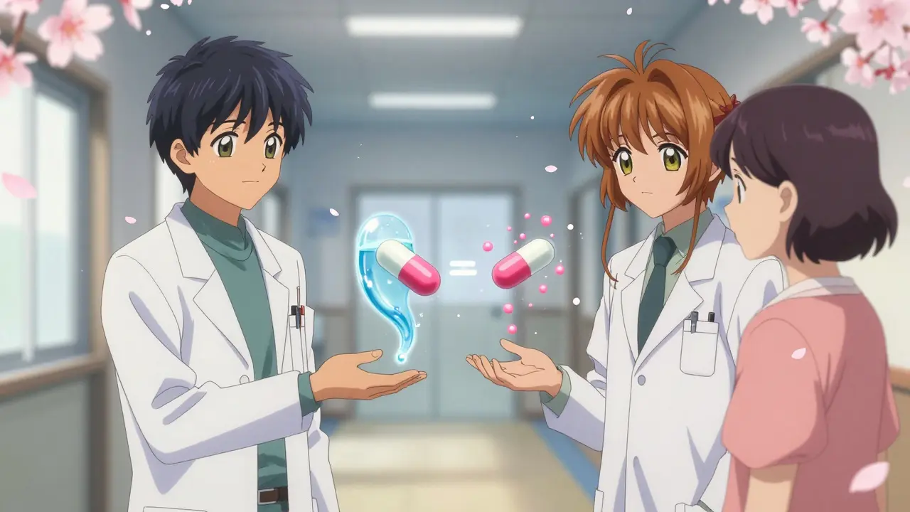 Doctor and pharmacist together show a dissolving pill model to a patient, conveying equivalence.