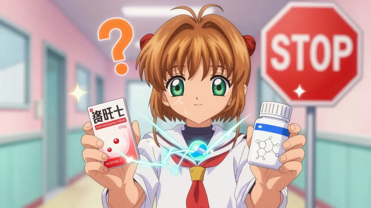 Patient comparing two pills with magical chemical structures sparking and clashing.