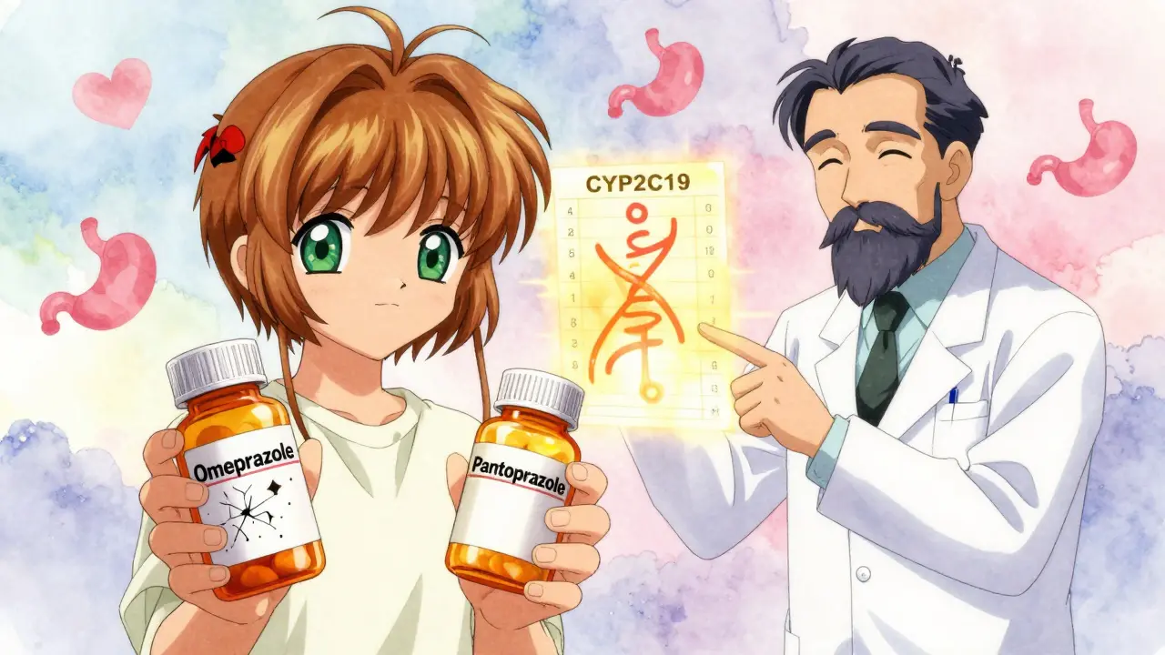 Patient holding two pill bottles—one dark and cracked, one glowing golden—with a doctor pointing to a genetic chart.