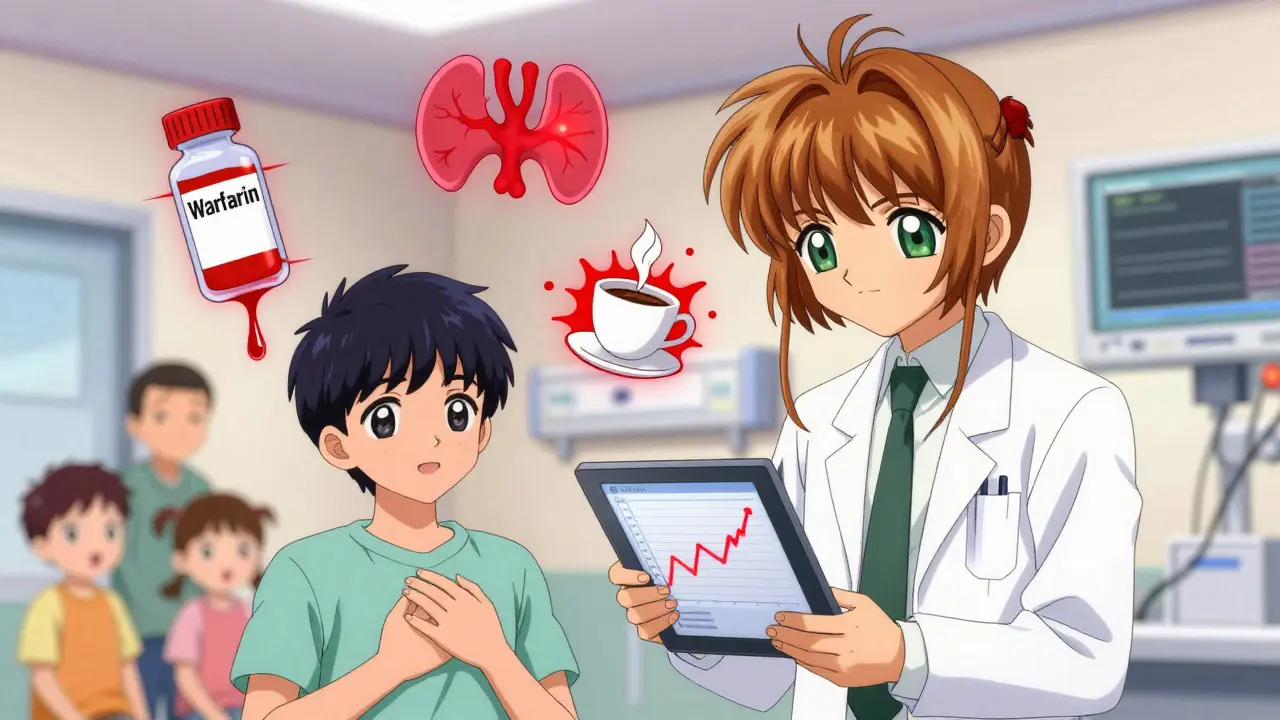 Patient in ER with medical icons floating around them, showing caffeine-drug interaction effects.