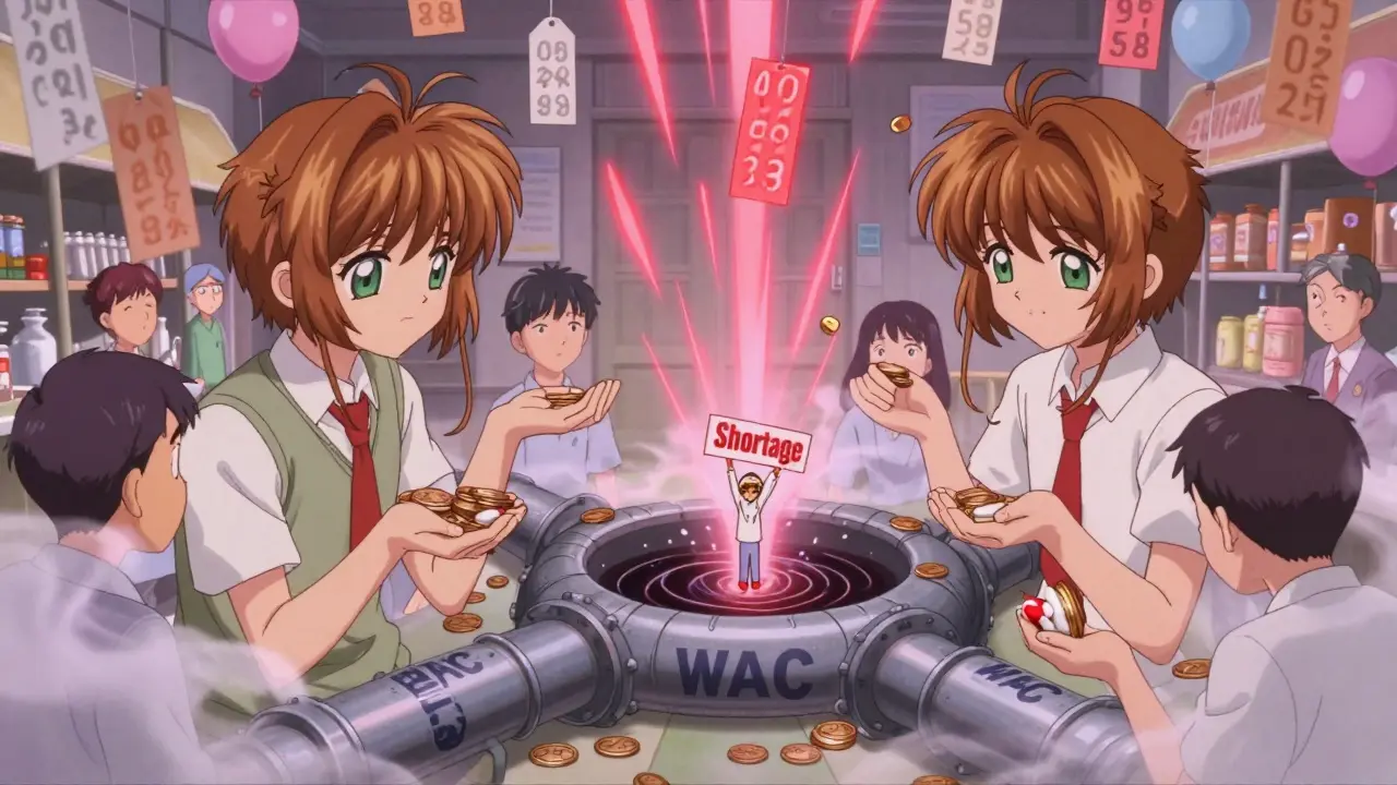 Patients turning coins to pills as prices vanish into a vortex of wholesale pricing in dreamlike anime scene.