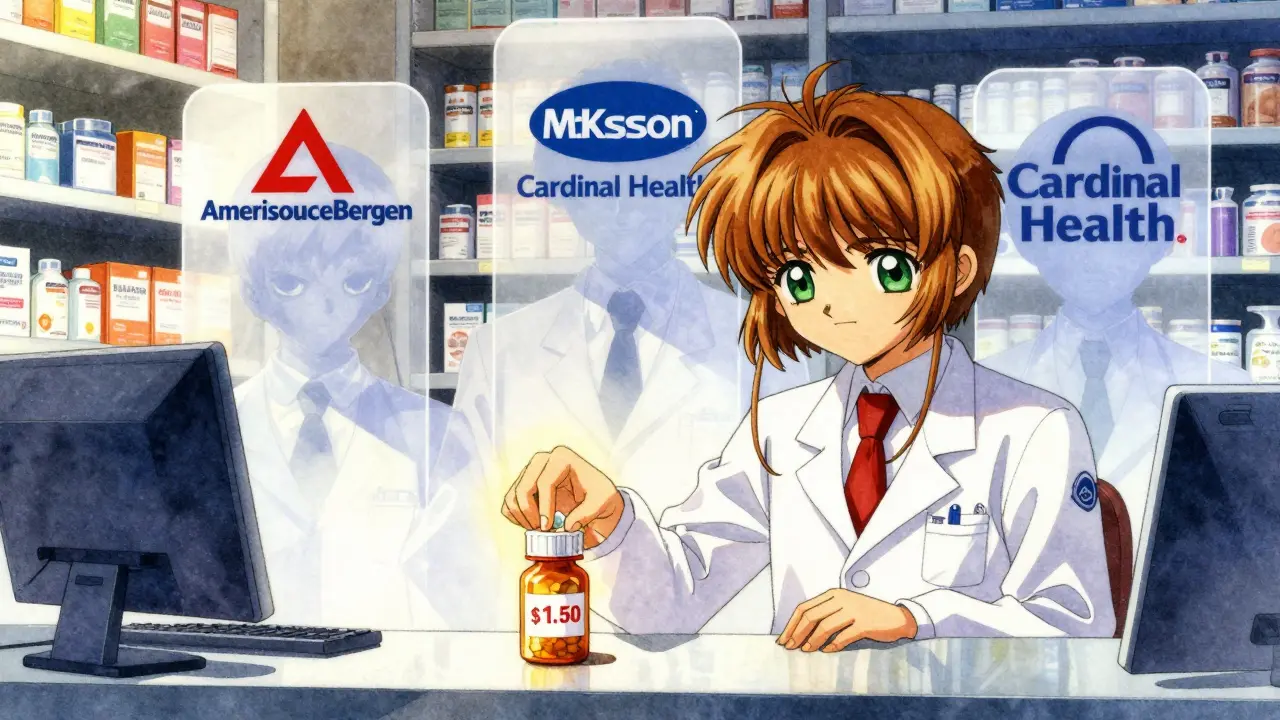Pharmacist reaching for a pill with giant corporate logos looming behind in soft pastel anime aesthetic.