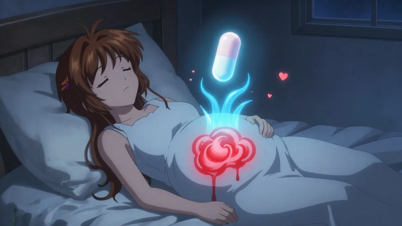 Sleeping pregnant woman with glowing famotidine pill calming acid clouds at night.