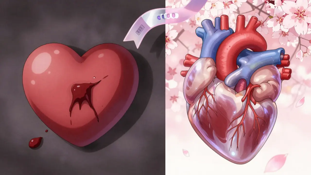 Split scene: heart clotting under omeprazole vs. protected by pantoprazole, with genetic ribbon and cherry blossoms.
