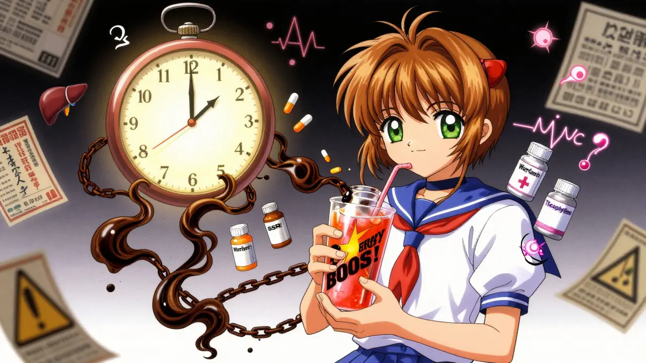 Teenager holds energy drink as caffeine spirits chain around prescription bottles in dreamlike anime scene.