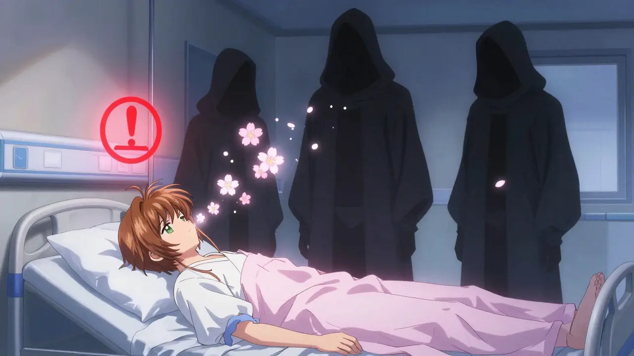 Three shadowy figures behind a hospital bed, with fading cherry blossom breaths and a glowing warning seal.