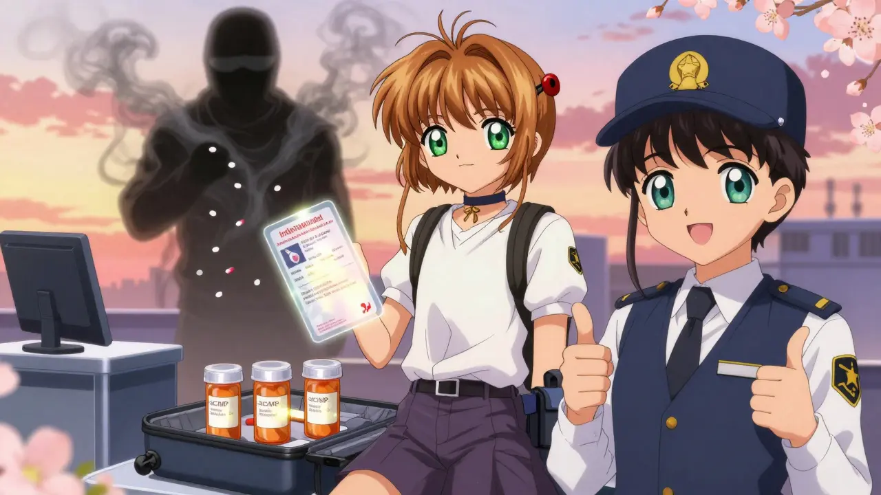 Traveler at security with labeled prescriptions and floating medical certificate