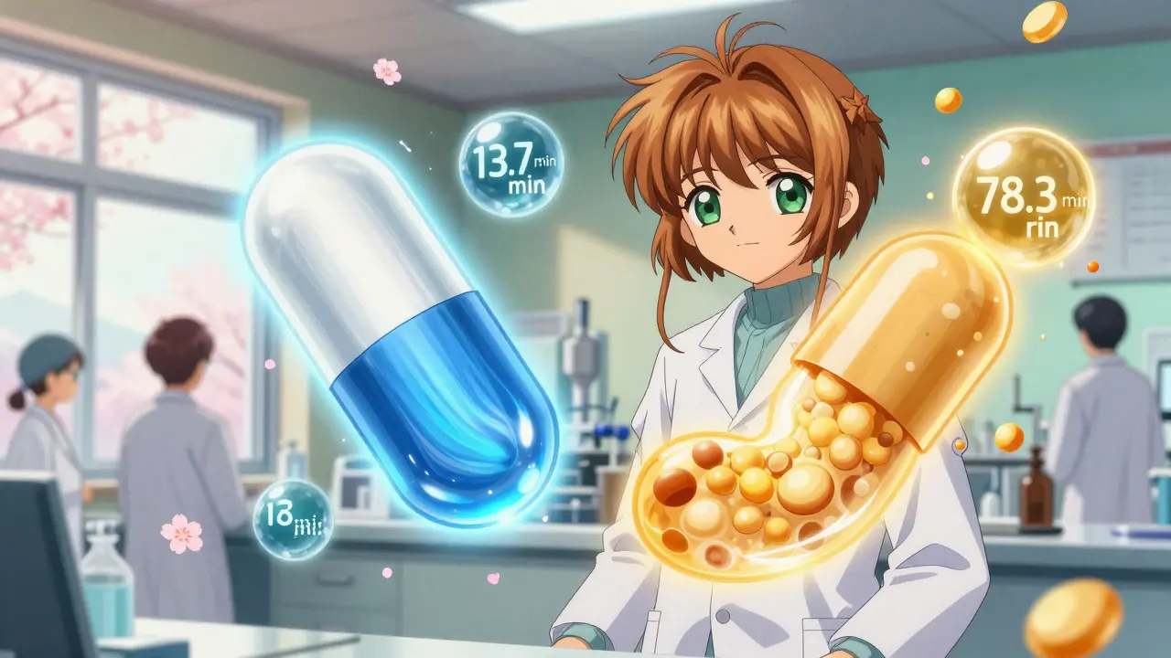 Two glowing SmartPill capsules show different absorption paths in fasted and fed stomachs.