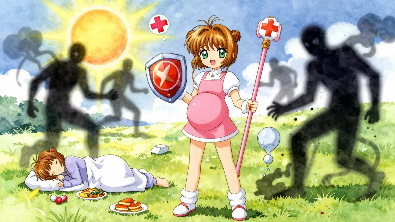 Woman using safe heartburn remedies to defeat dangerous medications in anime battle.