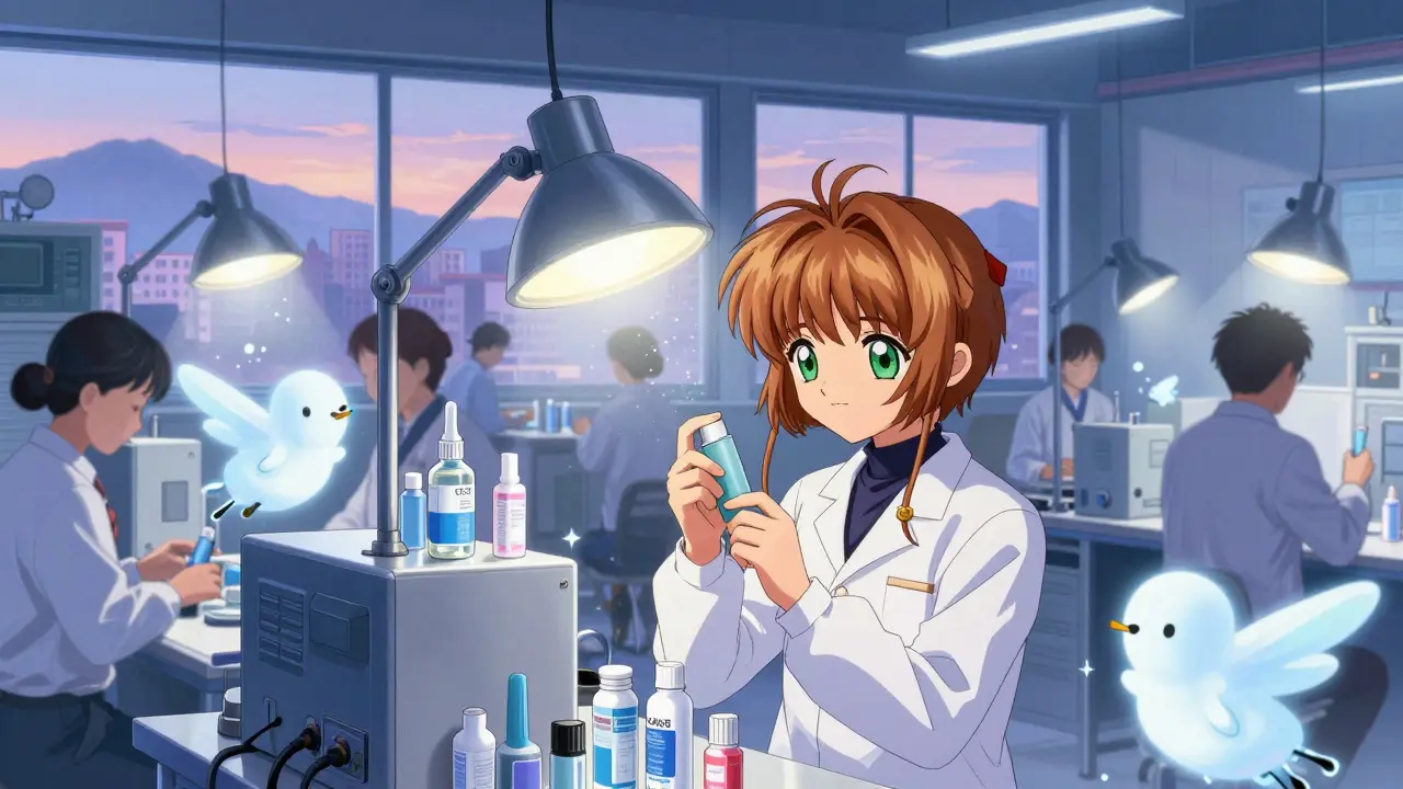 Workers inspecting inhalers and creams with magical spirit beings ensuring quality, in dreamy anime style.