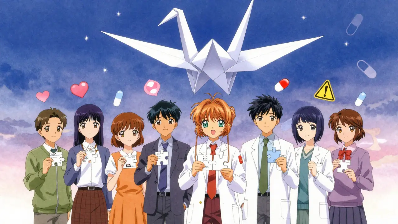 A diverse group stands under a floating MedWatch form shaped like a paper crane, holding key safety report elements.