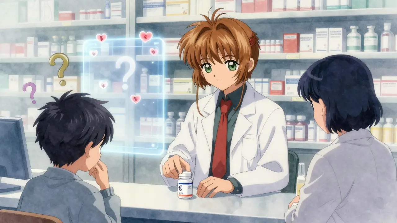 A European pharmacist offers a €15 generic pill as a hologram shows the same drug costing  in the U.S., soft emotional lighting.