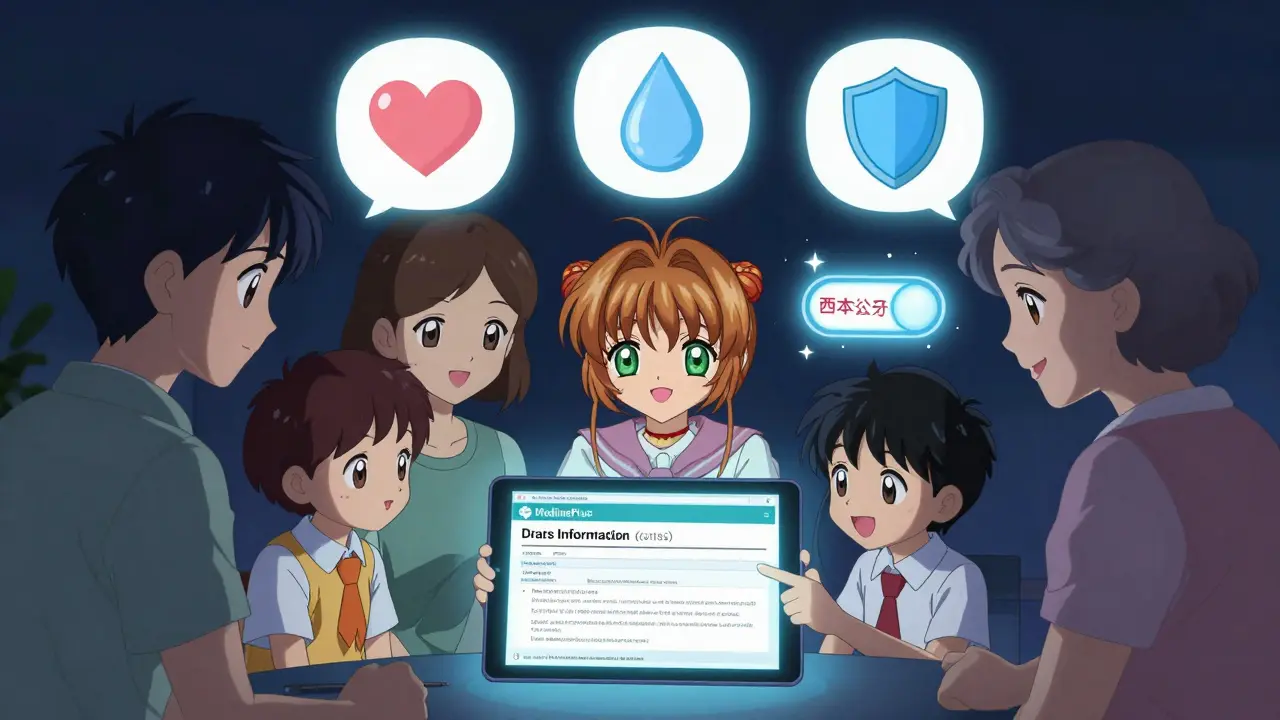 A family views a MedlinePlus page on a tablet, with glowing icons explaining drug safety in simple symbols.