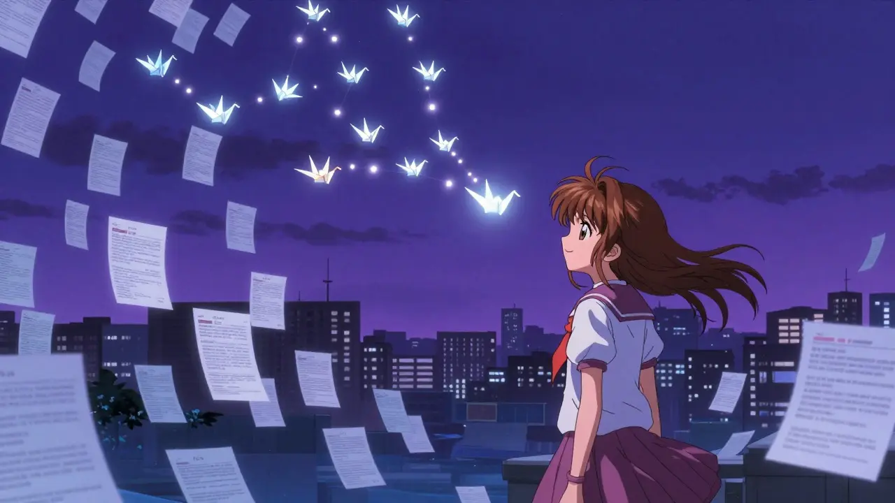A figure standing beside a sea of floating patient reports turning into cranes, forming a warning constellation in the clouds.