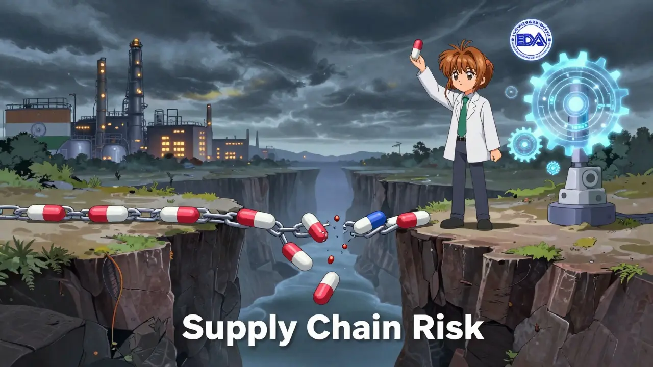 A fragile chain of pills forming a bridge over a supply chain chasm, with broken links and distant factories under stormy skies, a worker holding one pill like a treasure.