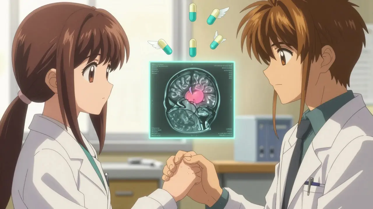 A man and woman in a doctor's office with floating MRI scans and magical pill capsules showing treatment progress.