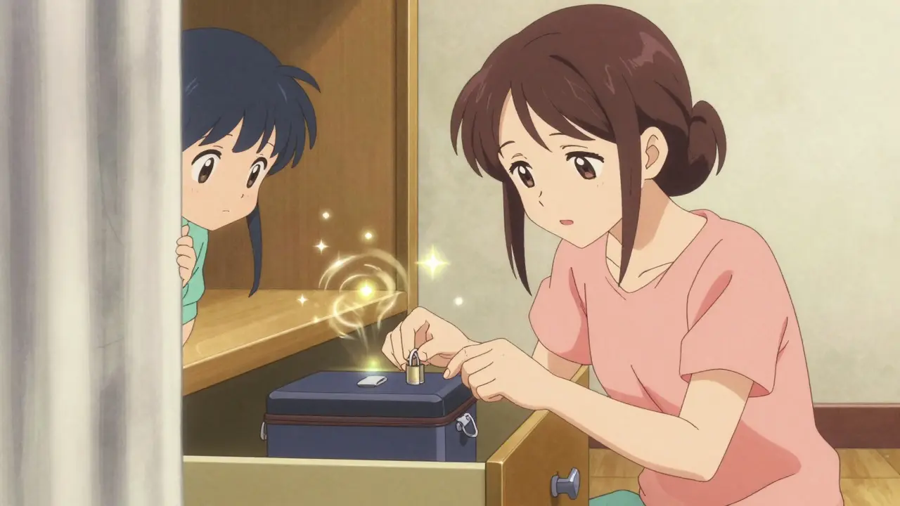 A mother locks a travel medication box in a hotel drawer while a child watches from behind a curtain.