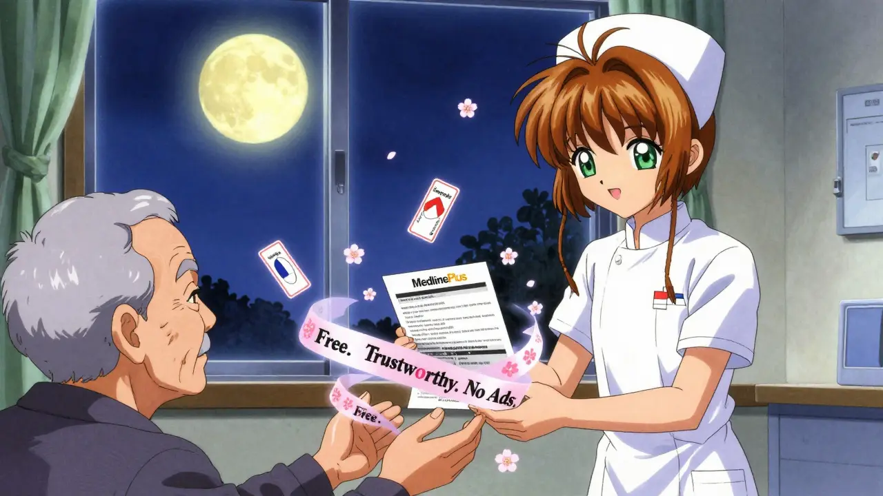 A nurse gives a patient a printed drug safety summary, surrounded by floating paper ribbons that spell 'Free. Trustworthy. No Ads.'