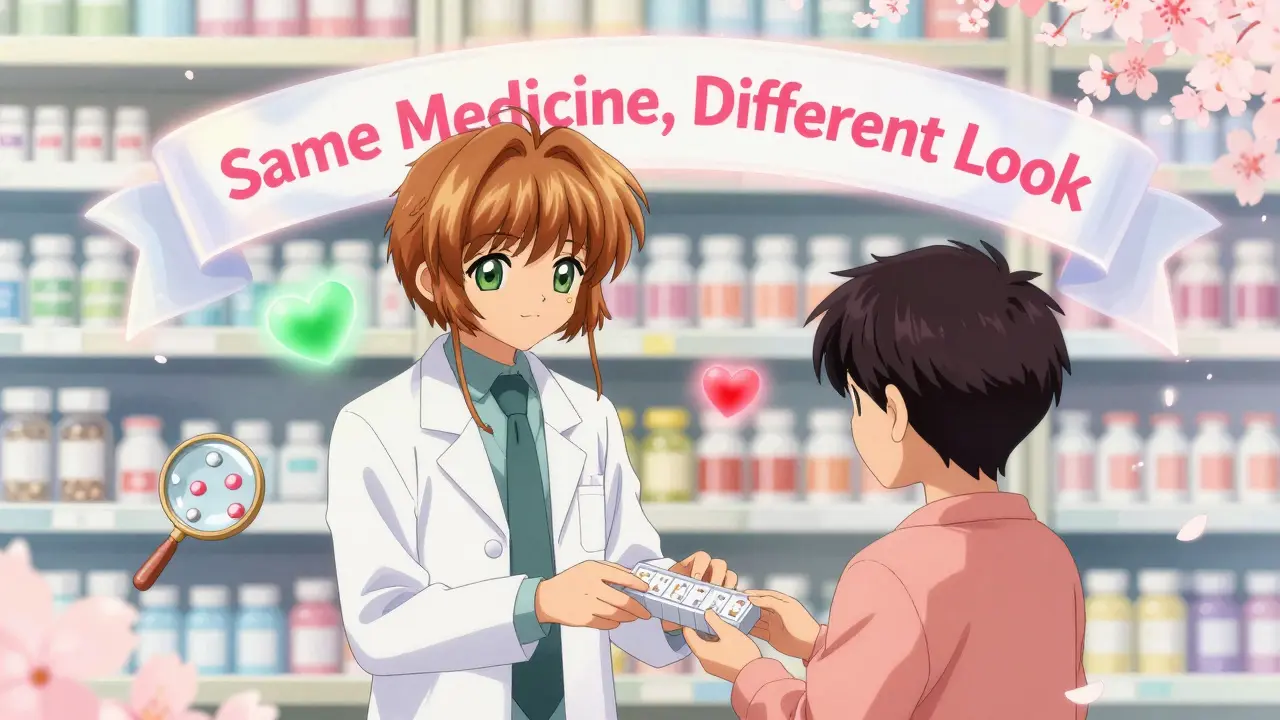 A pharmacist hands a pill organizer to a patient as heart-shaped icons show adherence and anxiety.