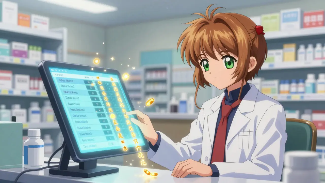 A pharmacist views glowing data streams of generic drug reports on a tablet, with manufacturer names shimmering in golden symbols.