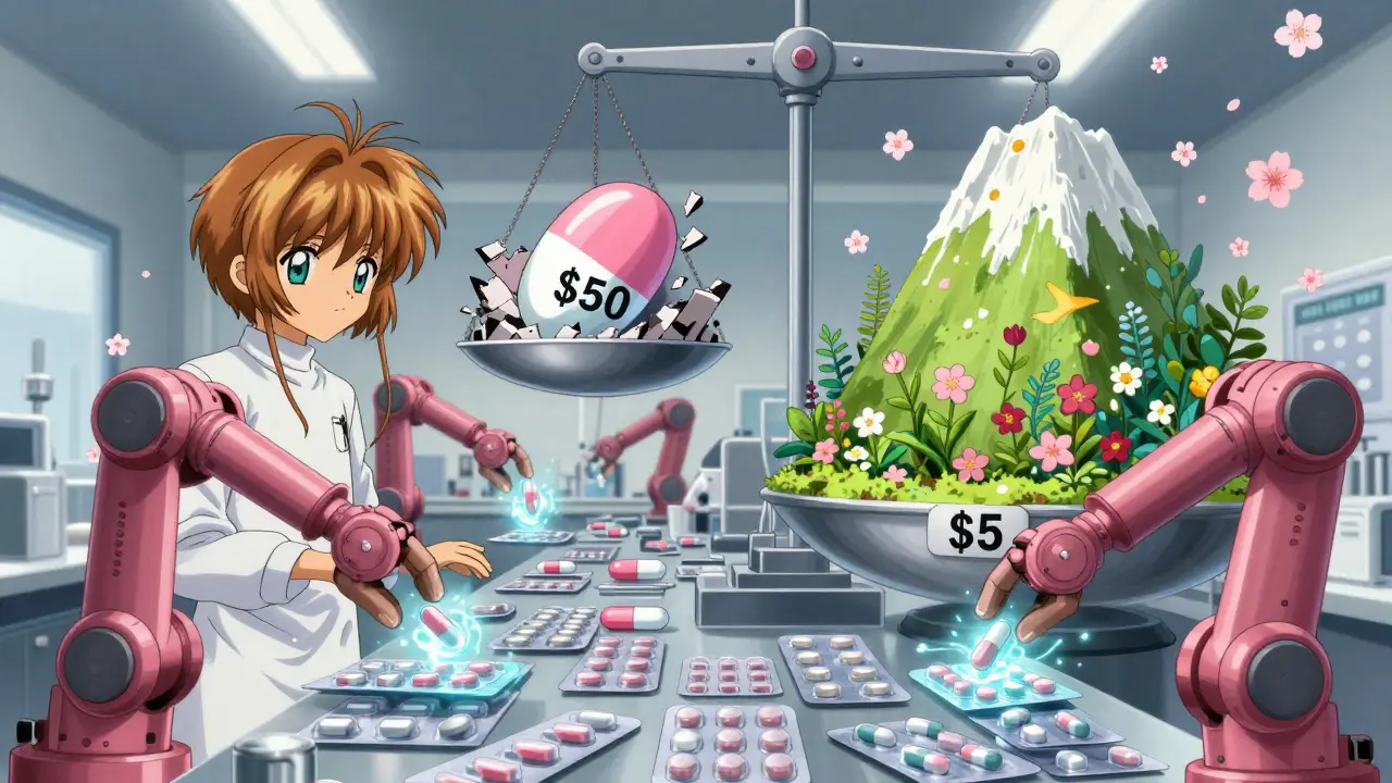 A production line of generic pills with blue auras, contrasted against a mountain of generics vs. a single branded pill on a tipping scale, cherry blossoms drifting nearby.