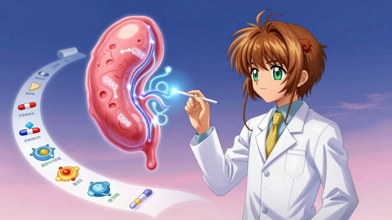 A scientist interacting with a holographic pituitary gland and glowing gene strands in a futuristic lab.