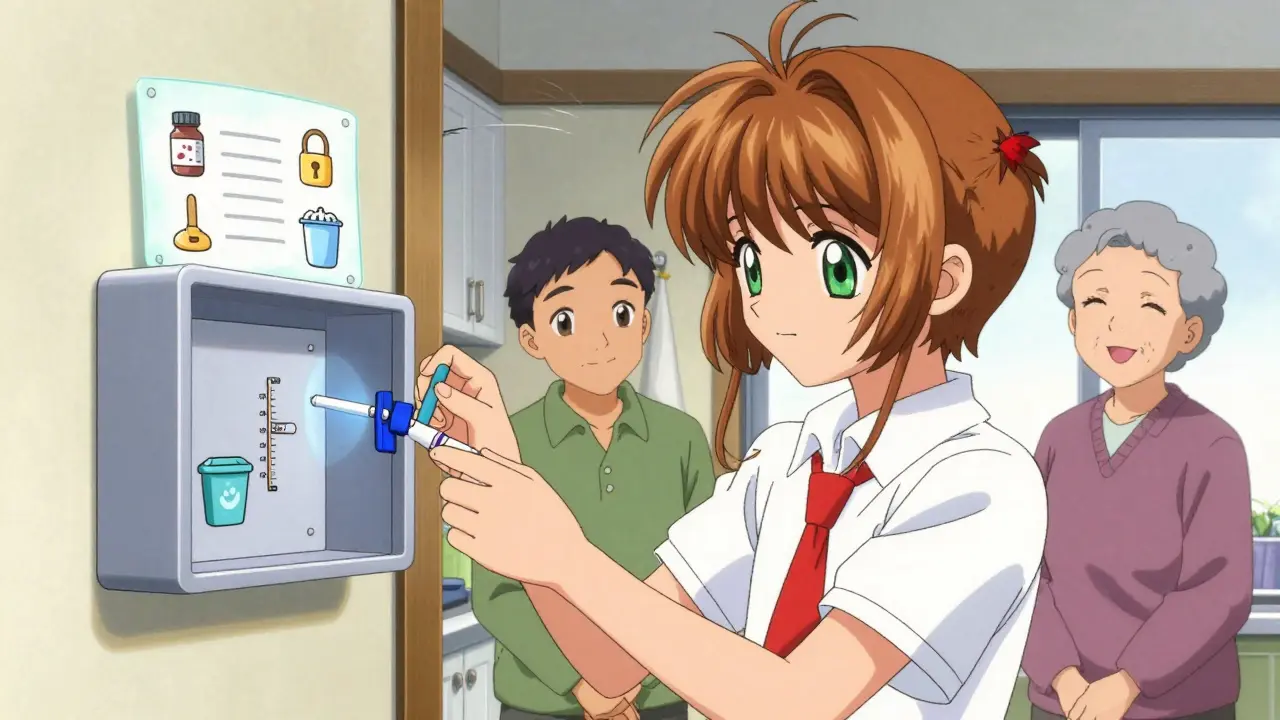 A teen secures an EpiPen in a wall lockbox as a magical checklist floats nearby in a cozy kitchen.