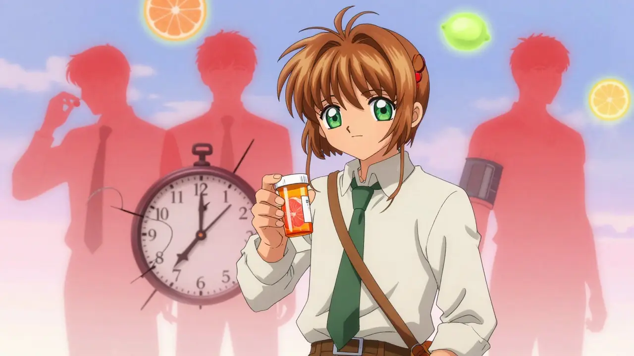 An elderly man with his medication and grapefruit, his shadow showing a 72-hour clock and glowing at-risk figures behind him.
