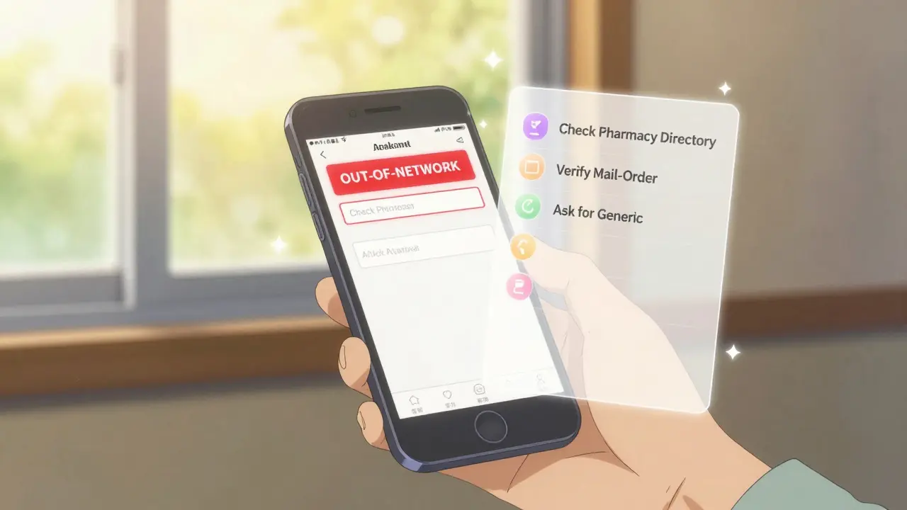 Hand holding a smartphone showing an out-of-network alert, with a glowing checklist nearby.