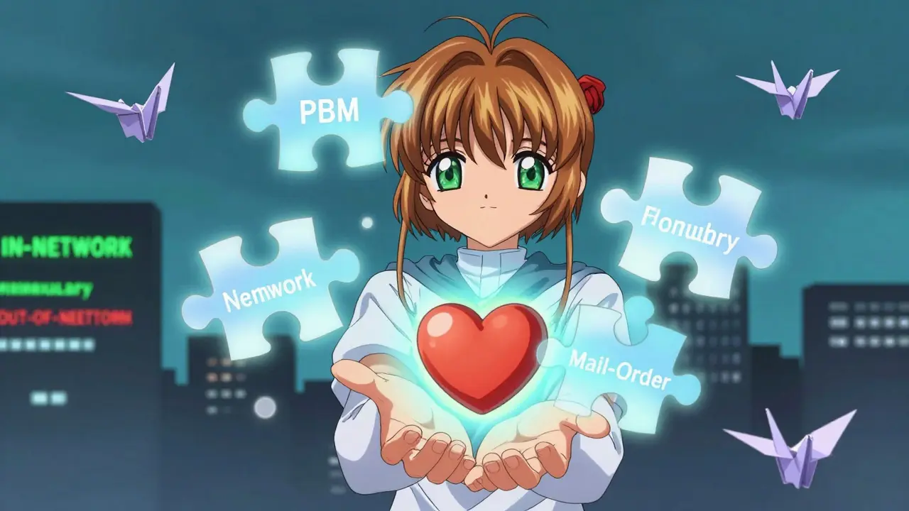 Heart-shaped pill bottle surrounded by floating puzzle pieces labeled pharmacy terms, glowing softly.