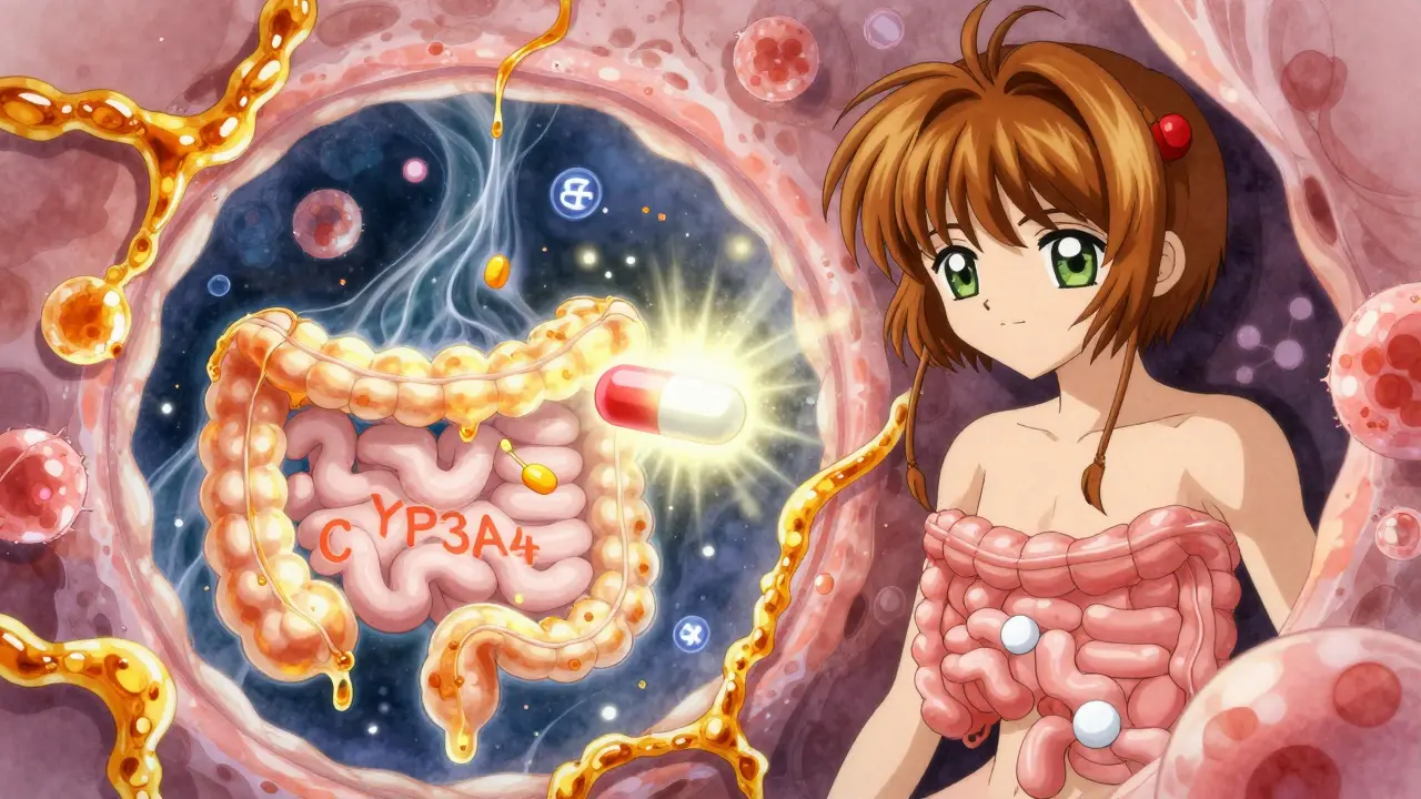 Microscopic view of an enzyme blocked by sticky furanocoumarin chains as a pill enters the bloodstream.