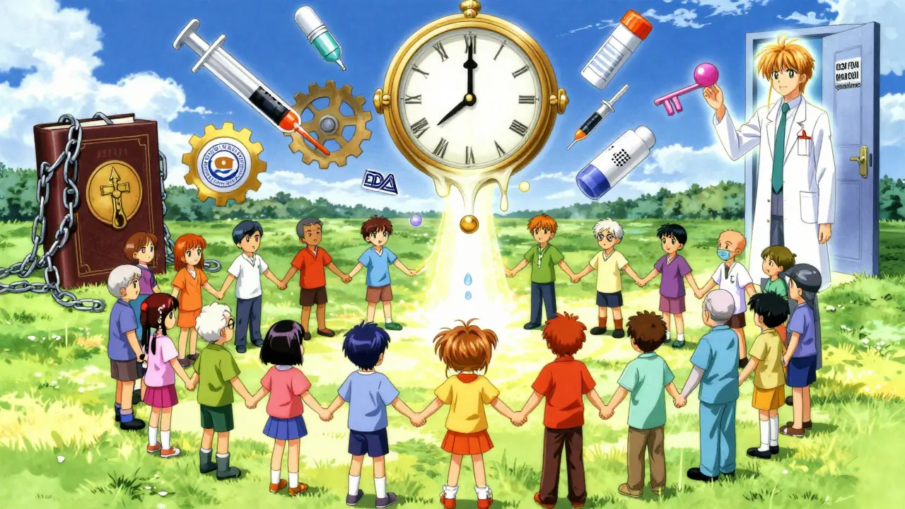 Patients in a circle hold glowing auras as syringes and inhalers form a clock above them, leading to an open FDA guideline door.