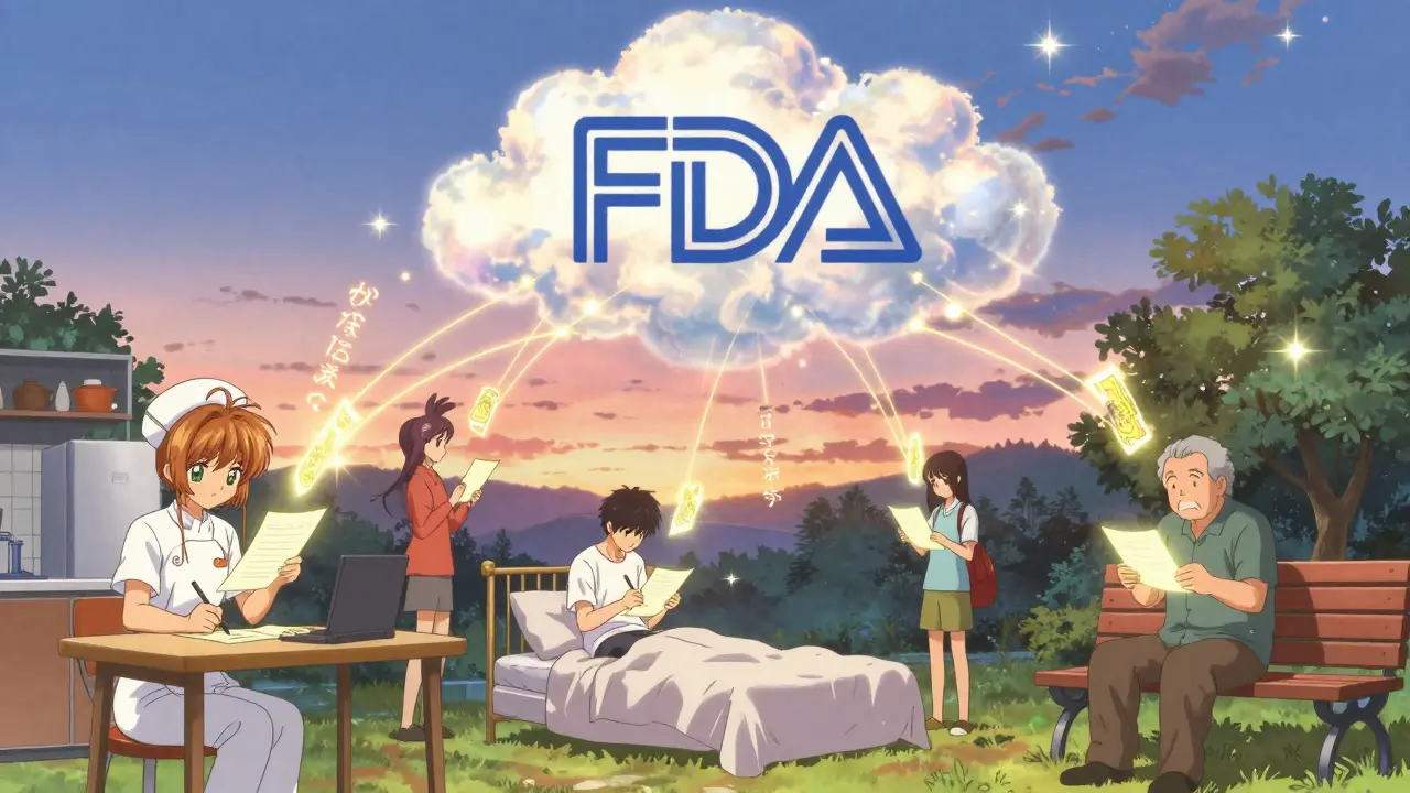 People in daily life sending glowing reports into the sky, connected to a glowing FDA logo, symbolizing collective voice.