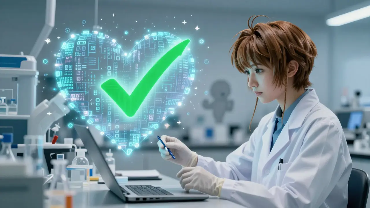 Scientist reviewing pregnancy research data with heart-shaped visualizations