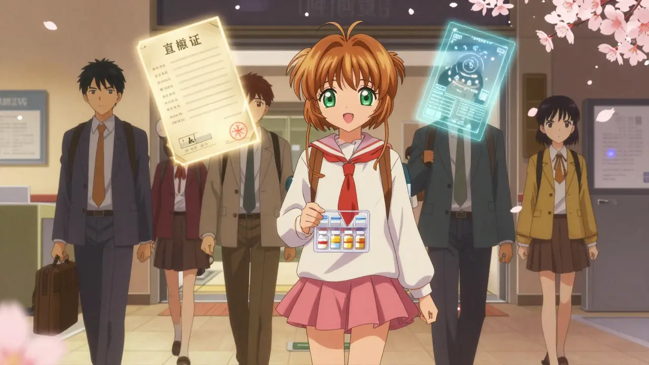 Travelers walking through customs with glowing medical documents beside them like protective talismans.