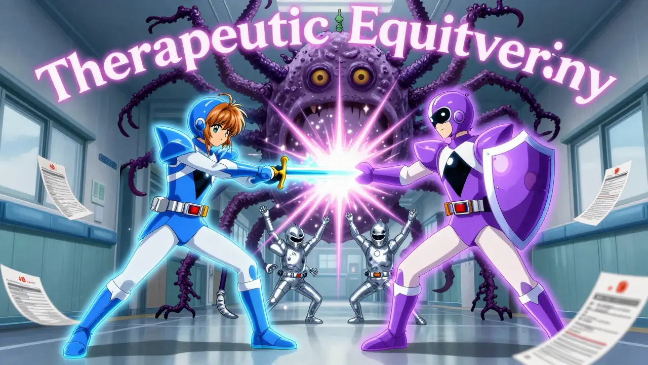 Two antibiotic warriors team up against a bacteria monster, with a silver generic version mirroring their victory.