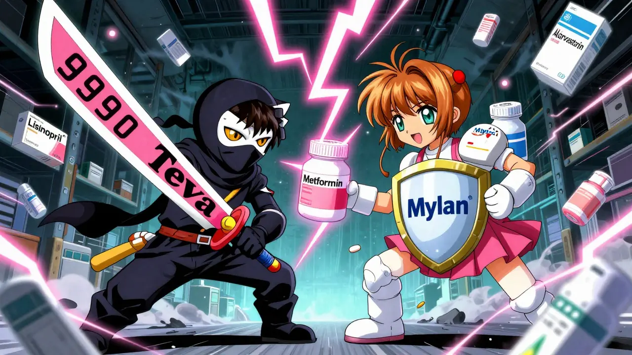 Two pharmaceutical companies battle in a warehouse with price-tag swords and pill-shield defenses, prices falling as sparks.