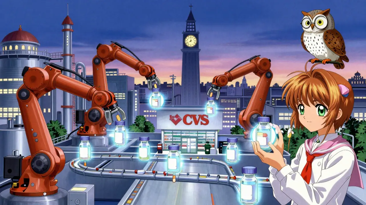 A futuristic generic drug factory connected by glowing chains to a pharmacy, watched over by an owl with spectacles.
