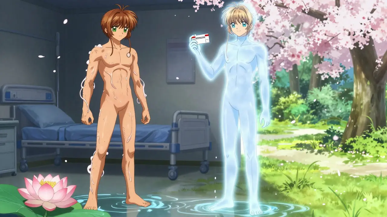 A man transitioning from swelling to health, holding a new prescription, with water draining into a lotus as sakura petals swirl.