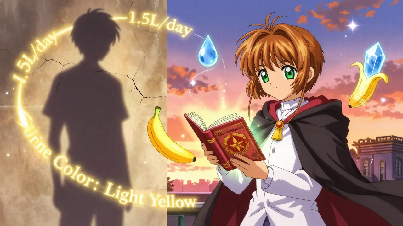 A medical wizard with electrolyte spirit familiars and glowing runes representing hydration balance in magical anime style.