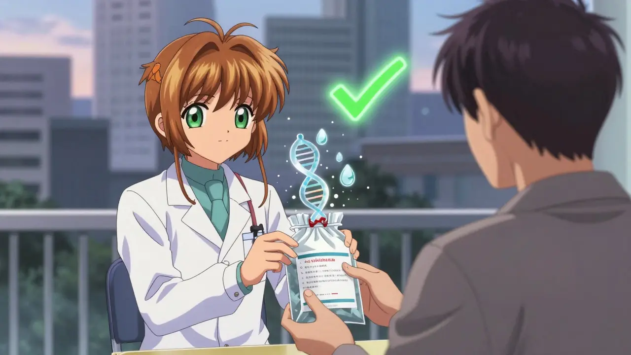 A medical worker accepting chemotherapy waste at a hospital drop-off with glowing symbols of safe neutralization.