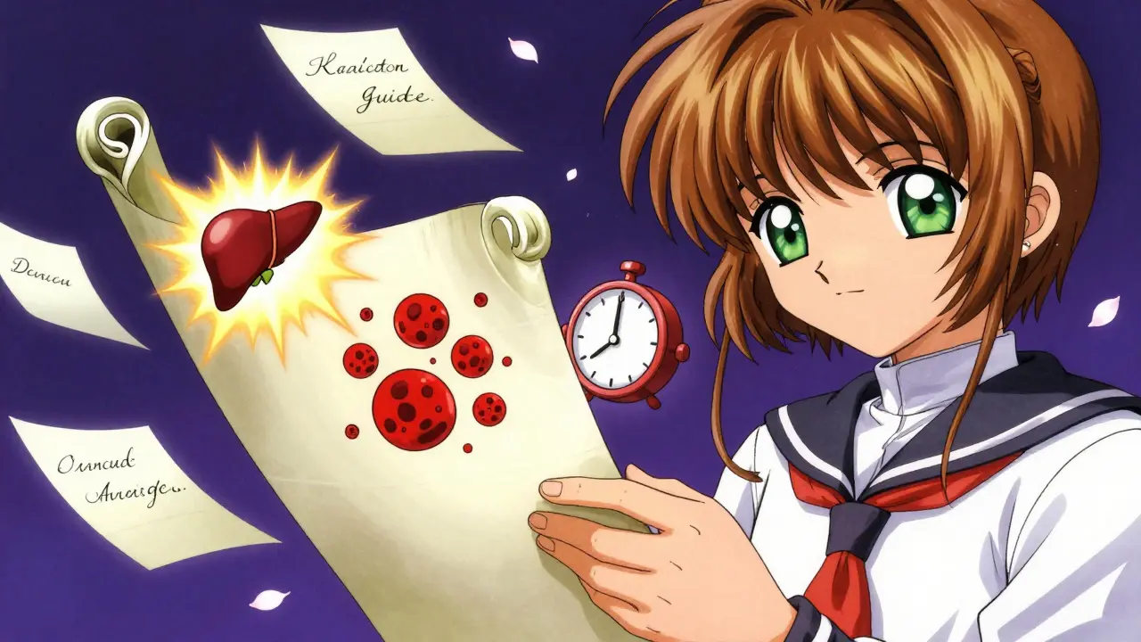 A medication guide transforms into a living scroll with animated health warnings and ticking clock symbols.